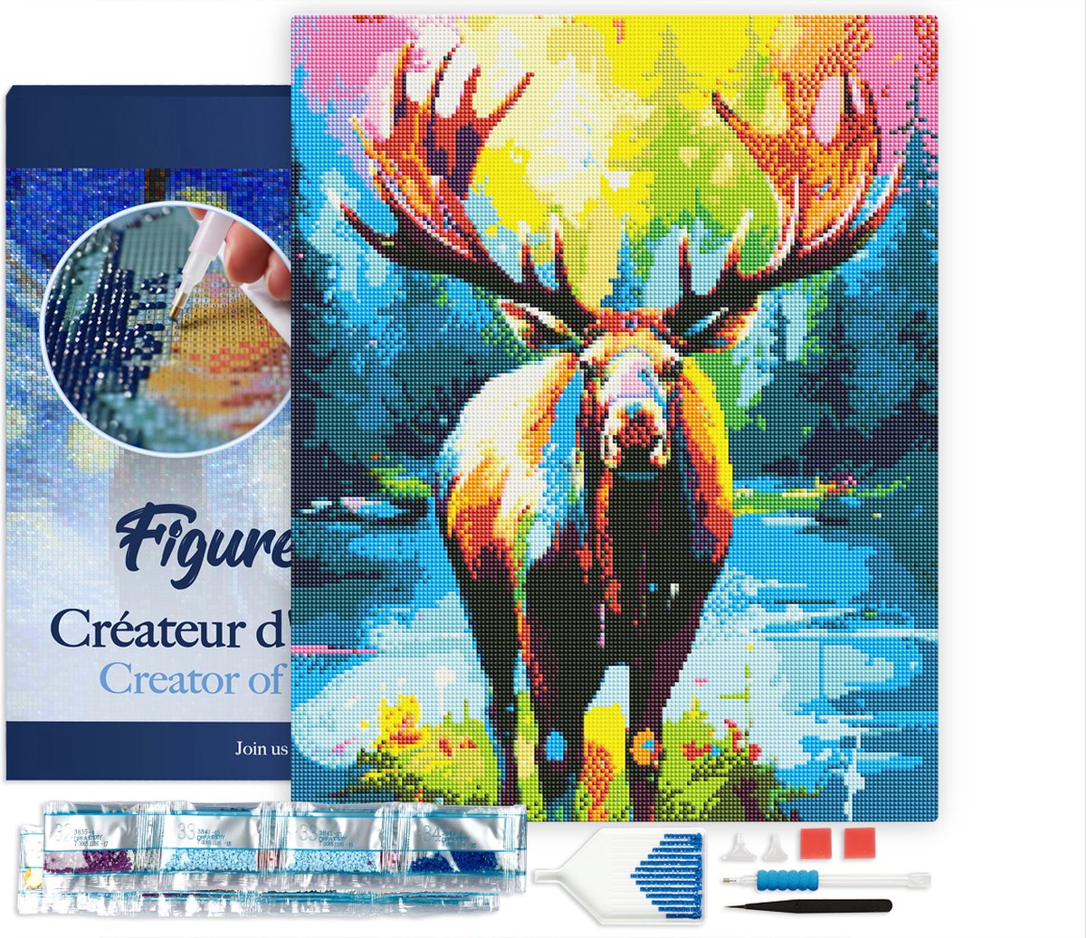 FiguredArt Diamond Painting set Volwassenen 40x50 cm met lijst Kleurrijke Abstracte Eland - 5D DIY Art full drill vierkante diamant - Canvas al ingelijst